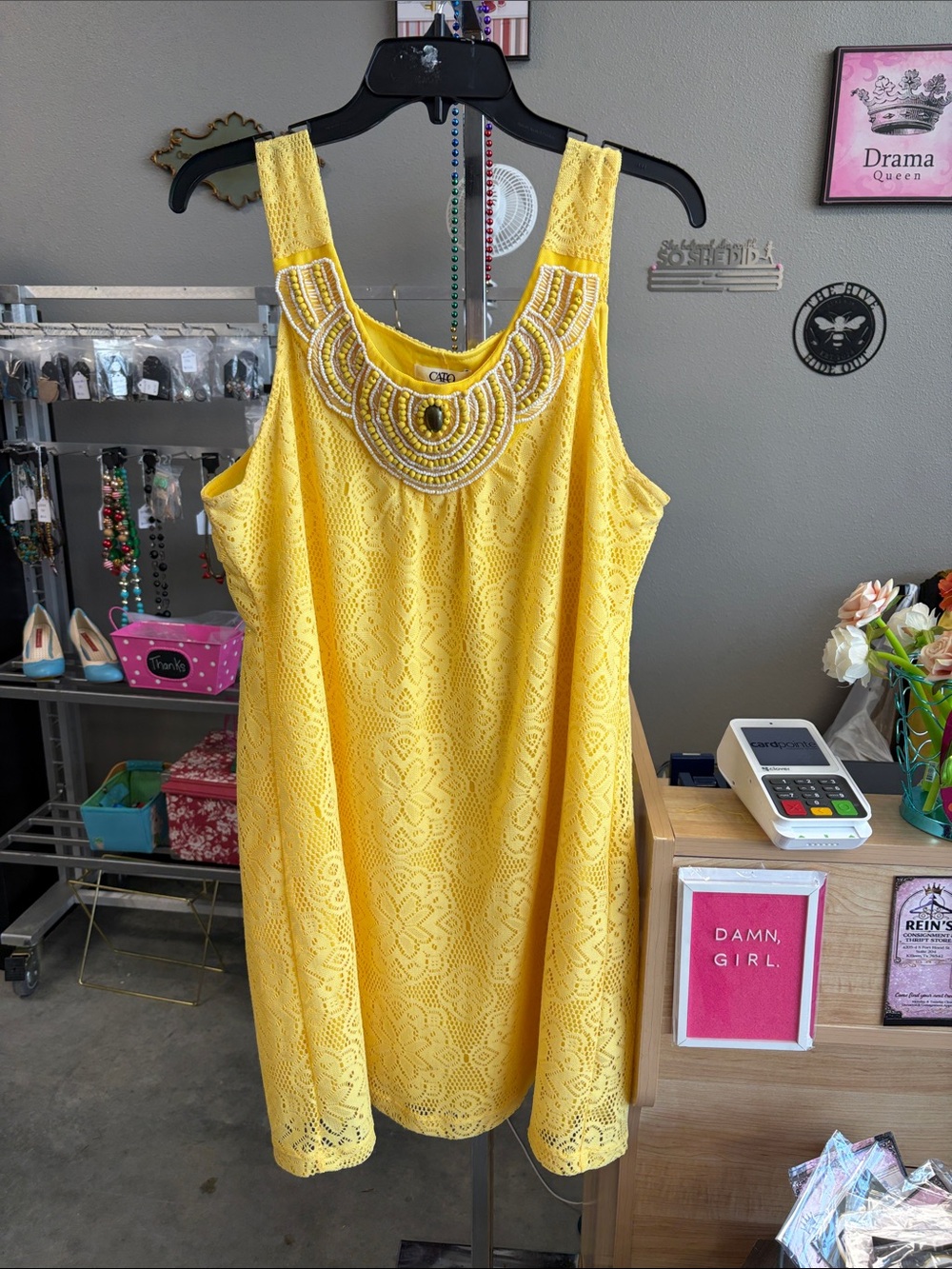 Cato Yellow Lace Beaded Neckline Shift Dress